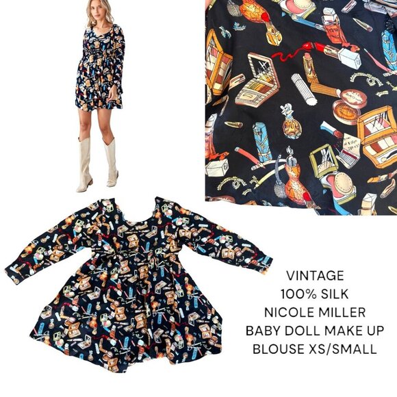Vtg RARE Nicole Miller Silk Baby Doll Makeup Blouse Top XS/Small - Picture 1 of 6